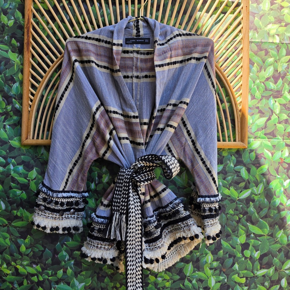 Zara Woman Blue Striped Woven Kimono Jacket Pom Pom Fringe Boho Belted Medium